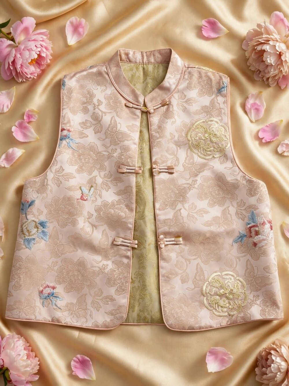 Pink Chinese Embroidered Satin Vest Peony Floral Frog Buttons